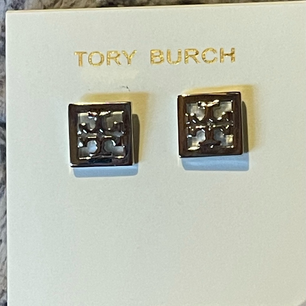 Tory Burch LOGO Metallic Square Stud Earrings NWT